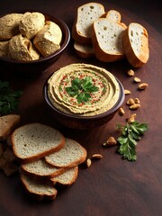Obraz na płótnie Canvas Hummus dip with chickpea and parsley in a traditional ceramic bowl on wood surface with toasted bread slices and olive oil on wooden board. Added spices.