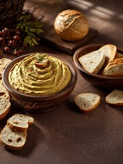Hummus dip with chickpea and parsley in a traditional ceramic bowl on wood surface with toasted bread slices and olive oil on wooden board. Added spices.