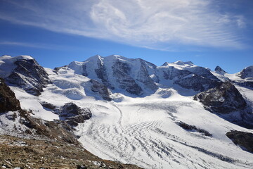 View on the Pers Glacier is a glacier in the Bernina range in the canton of Grisons in the Upper Engadine , Switzerland