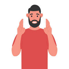 Bearded man showing hopeful gesture sign with fingers crossed. Vector illustration.