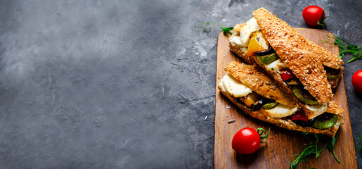 Grilled Vegetables and Mozzarella Cheese Sandwiches, Panini, Delicious breakfast or snack, Dieting,...