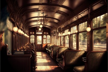Fototapeta premium a train car with green seats and a green bench in the middle of the car.