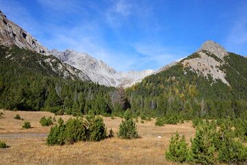 View on a mountain in the Swiss National Park is located in the Western Rhaetian Alps, in eastern Switzerland.