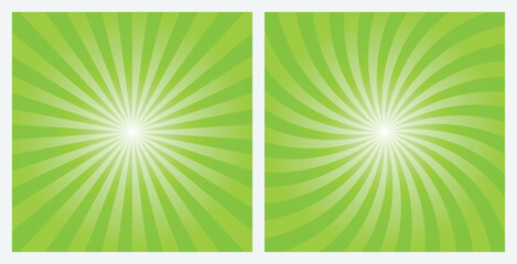 Lawn Green rays background. Light Sunburst pattern background set. Radial and swirl retro style background  in pop art style.