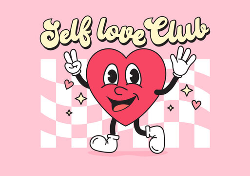Self-love Club groovy style vector illustration with Trippy Grid background. Trendy 70s style print with cute cartoon heart character and lettering. Motivational girly print. Hippie 80s flat style art