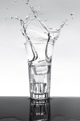  beer glass with dringking water splashing out.