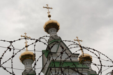 Church cross and behind bars and religion photo
