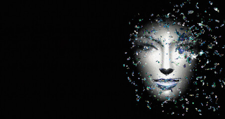 illustrazione creata con intelligenza artificiale su sfondo nero di viso di donna fatto con cristalli e puntini di vetro e pezzi che si deframmentano in uno spazio ideale per copy space - obrazy, fototapety, plakaty