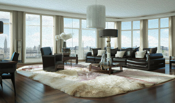 illustrazione creata con intelligenza artificiale di elegante soggiorno di lusso in stile pittura a olio con amie vetrate e divani sontuosi