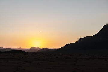 Sunset at the Wadi Rum desert landscape in Jordan
