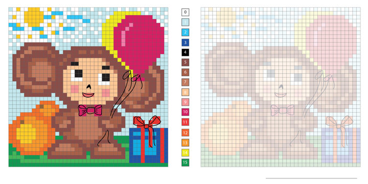 vector pixel art illustration, cute plush animal with a gift and balloons, coloring book, embroidery design, mosaic, creative development of motor skills and imagination