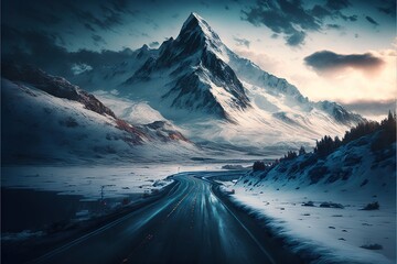 a long road with a mountain in the background and a cloudy sky above it.