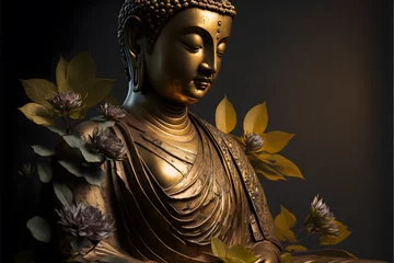 Zelfklevend Fotobehang golden buddha statue with flower, dark simple background, dark background, simple illustration digital generative ai design art style © Luc.Pro