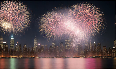 Fototapeta premium Panorama view of city skyline with fireworks reflections in the water Generative AI