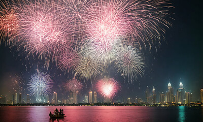 Obraz premium Panorama view of city skyline with fireworks reflections in the water Generative AI