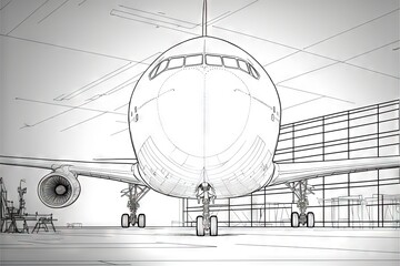  a drawing of a plane in a hangar with a jet engine on the ground and a jet engine on the ground behind it, and a jet engine on the ground, and a plane,. Generative AI