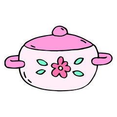 Colorful vector illustration of pan isolated on a white. Soup pot in doodle style