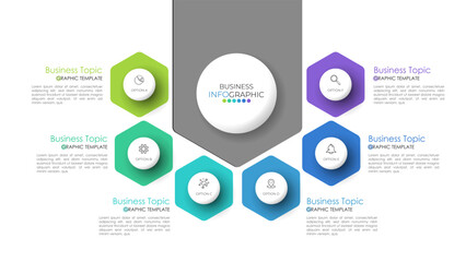 Infographic design template can be used for presentation, banner, graphic, business flow and diagram. Modern flat Timeline template with 6 option, parts, step for process. Abstract template.