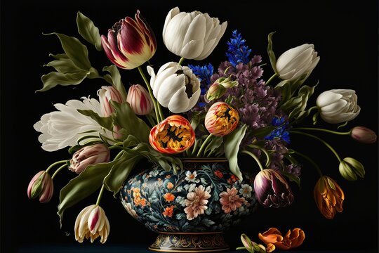 a painting of a vase filled with flowers on a table top with a black background behind it and a few other flowers in the vase on the table top of the vase. generative ai