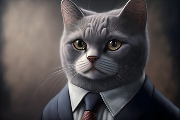 Portrait of cat in a business suit, simple dark black background, illustration digital generative ai design art style