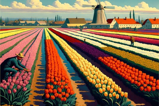 a painting of a man in a field of tulips with a windmill in the background and a person in a hat in the foreground with a hat.