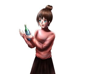 a girl offers a drink wearing a pink shirt and dark brown skirt