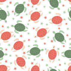 Vector seamless pattern with turtle.Underwater cartoon creatures.Marine background.Cute ocean pattern for fabric, childrens clothing,textiles,wrapping paper