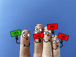 Four fingers are decorated as four person. All of them except one is not agreeing with the decision. He is discriminated. - obrazy, fototapety, plakaty