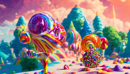 Fototapeta na wymiar A fairy tale landscape full of lollipops and sweets is a whimsical and fantastical scene. Generative AI