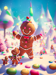 Obraz premium A gingerbread amidst a festive, holiday-themed landscape full of sweets adds a playful and charming touch. Generative AI