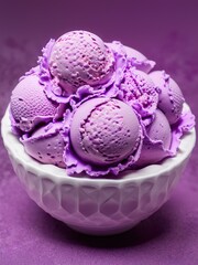 Homemade Purple Japanese Ube flavored Ice Cream served in bowl. Isolated photography of ice cream and gelato on purple background.