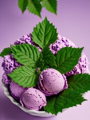 Homemade Purple Japanese Ube flavored Ice Cream served in bowl. Isolated photography of ice cream and gelato on purple background.