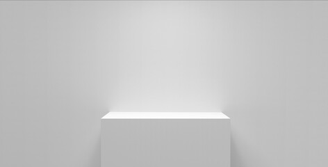 Fototapeta premium 3D illustration of white cube pedestal in a minimal background for mockup, blank stand for product and display on white banner web, e-commerce and wallpaper