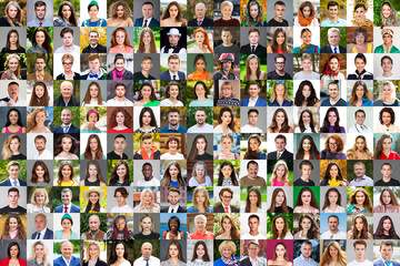 Collage of portraits of various people of different ages and genders - Powered by Adobe