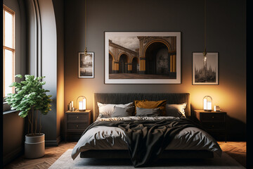 Luxury master bedroom interior with a big large comfortable bed, modern light bedroom with wooden furniture, elegant room interior, stylish bedroom at a residence, an apartment or a hotel