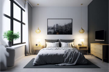 Luxury master bedroom interior with a big large comfortable bed, modern light bedroom with wooden furniture, elegant room interior, stylish bedroom at a residence, an apartment or a hotel