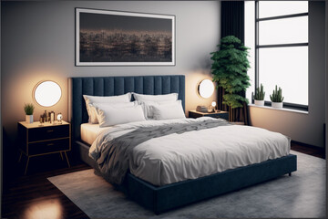 Luxury master bedroom interior with a big large comfortable bed, modern light bedroom with wooden furniture, elegant room interior, stylish bedroom at a residence, an apartment or a hotel
