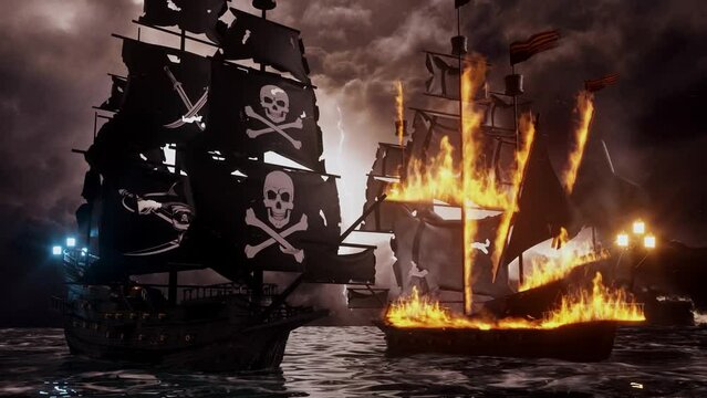 3D Jolly Roger Pirate Galleon firing cannons at an Enemy Galleon - Loop Landscape Background