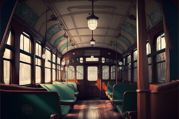 Fototapeta premium a train car with lots of greean seats and windows on the side of it.