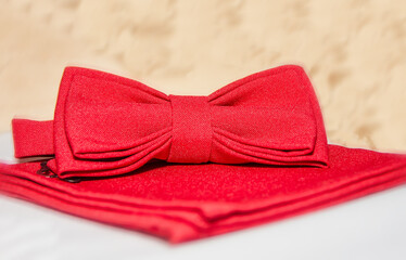 Handsome men's set of red bow tie and scarf on a light background.
