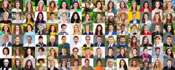 Collage of portraits of beautiful happy real people