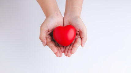Female hand holding red heart on white background, top view with space for text. Donation concept.