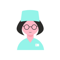 Doctor woman in glasses and green suit, Doctor icon in uniform. Flat style . Vector illustration.
