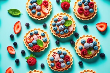 a table topped with mini pies covered in fruit and topped with mint leaves and berries on top of each of them.