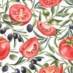 Hand drawn watercolor seamless pattern with olives and tomatoes