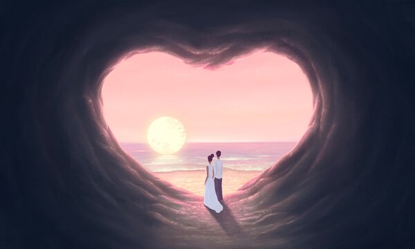 Cave heart of love and the sea. concept art of romance wedding and Valentine's day. surreal painting illustration. Conceptual fantasy artwork.