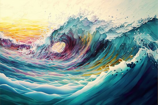 a painting of a wave with a sunset in the background and a yellow sky in the background.