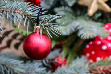 beautiful christmas decoration red ball on a tree wallpaper background