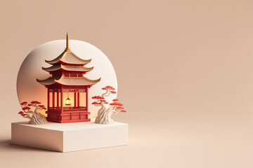 Chinese New Year Pagoda in 3D Realistic Rendering With Red and Gold Color. Gong Xi Fa Cai. Generative AI