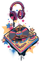 Musical turntable and headphones, colorful drawn music design